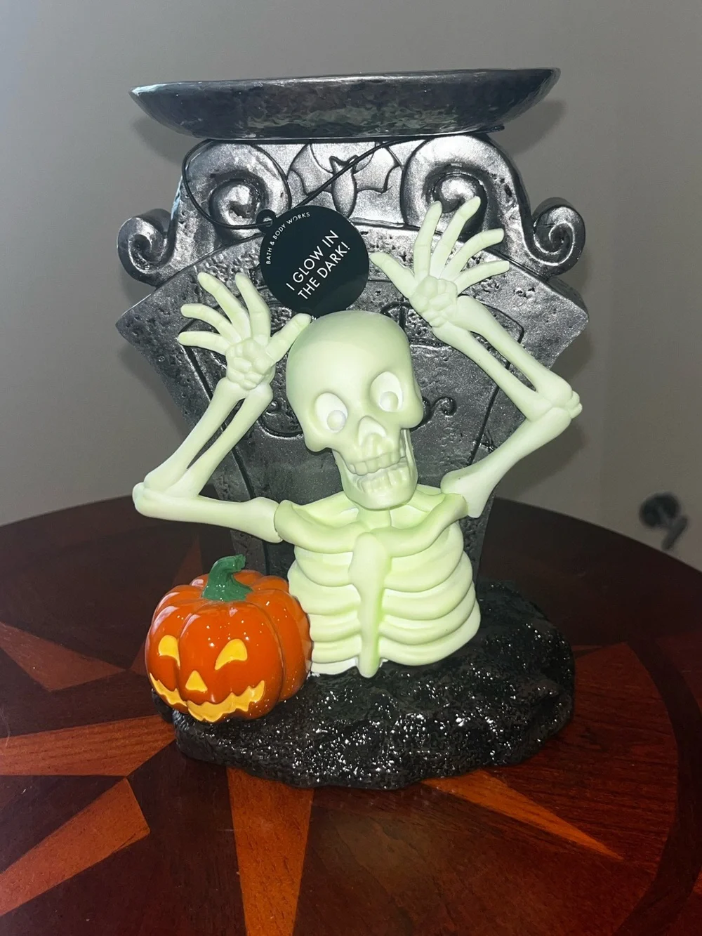 Glow-in-the-Dark Skeleton Boo! Pedestal 3-Wick Candle Holder
